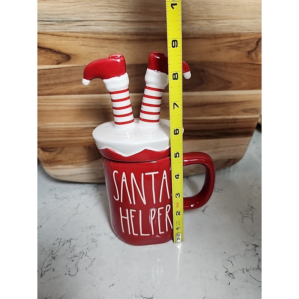 Rae Dunn SANTA'S HELPER Mug w Elf Legs Topper Christmas Red White 2020 VHTF - Picture 3 of 11